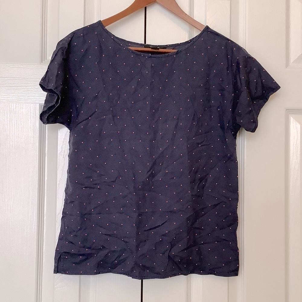 J. Crew Navy Pink Polka Dot Silk Shirt Sleeve Top XS